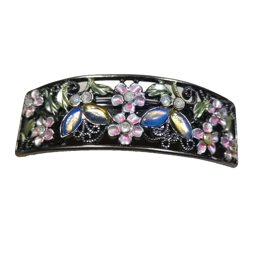 Hair Barrette Tension Clip Gray Metal Pink Blue Silver Tone Floral Garden